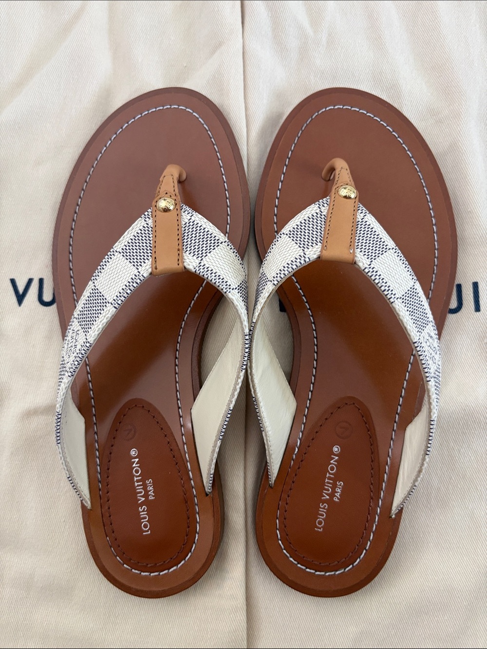 Louis Vuitton Brown Leather & White Checkered Canvas Thong Sandals